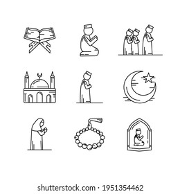 Set von islamischen Symbol mit dünner Linie Art Stil, Verwendung für islamische Ereignisse oder Piktogramm Vermögenswerte, Ramadan Kareem, eid Mubarak. Islamische Linie Kunstsymbole. Ramadan Kareem Line Vektorsymbole.