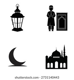 Conjunto de iconos islámicos con una linterna, un niño en oración, una mezquita y una luna creciente. Adecuado para Ramadán, Eid y diseños de temática islámica.