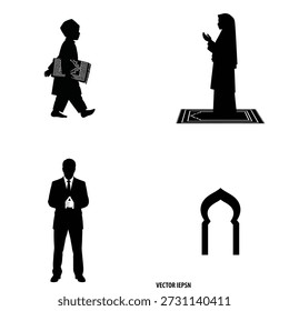 Set of Islamic icons featuring a man in a suit, a person praying, a mosque archway, and a boy carrying a prayer rug. For religious and business use.