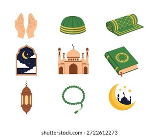 Reihe islamischer Symbole mit Moschee, Kaaba, Wohltätigkeitseinrichtungen und Gebetselementen. Hochwertige Flat-, Line- und Silhouettenvektoren für festliches Design.