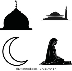 Conjunto de iconos islámicos con cúpulas de mezquita y minaretes, una mujer rezando en una alfombra y una luna creciente, perfecto para los diseños de Ramadán y Eid.