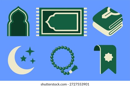 Conjunto de íconos islámicos que incluyen arco de mezquita, alfombra de oración, Corán, luna creciente, tasbih y Anuncio, que representan la adoración musulmana y los temas del Ramadán.