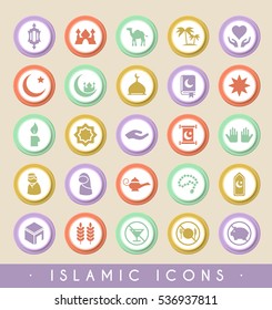 Set of Islamic Icons on Circular Colored Buttons. Vector Isolated Elements.