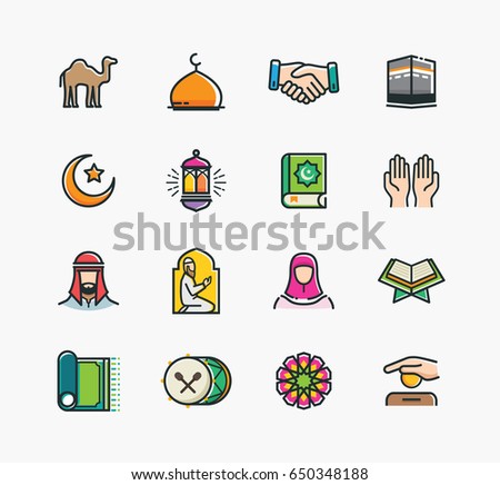 Set of Islamic Icons, Ramadan Kareem, Eid Mubarak Line Art Icons Set