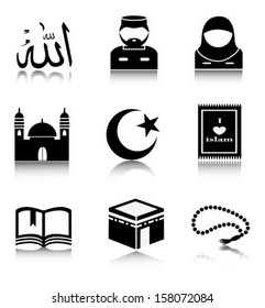 Set of Islamic icons, as well as the Arabic word denoting God.
