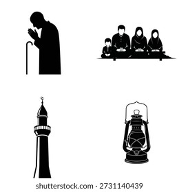 Un conjunto de ilustraciones islámicas que incluyen un hombre rezando, una familia sentada, una torre de la mezquita y una linterna decorativa, para temas religiosos y culturales.