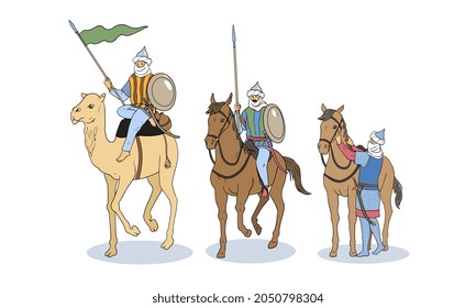 Set of islamic knights. Middle Ages, past, picture. Men with sabers ride horses, attacking enemy, Defense of their lands, cavalry, army. Cartoon flat vector illustration isolated on white background