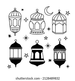 Set of Islamic lantern doodle in black and white. Flat vector design