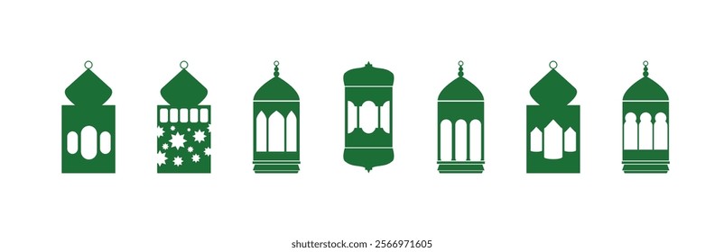 Set of Islamic lantern icons. Vector silhouettes in green and white. Perfect for Ramadan and Eid designs. 