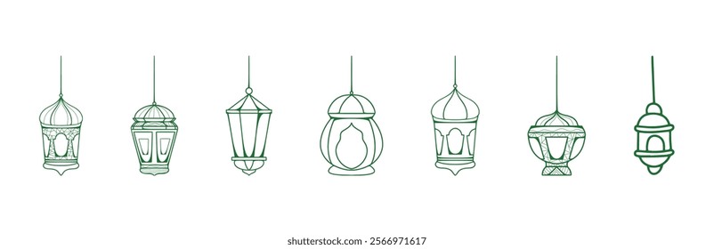 Set of Islamic lantern icons. Vector silhouettes in green and white. Perfect for Ramadan and Eid designs. 