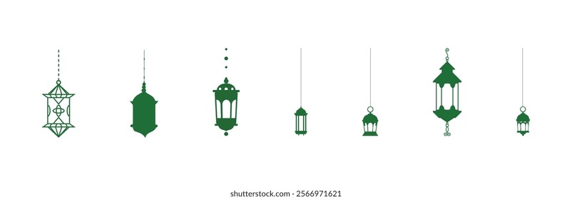 Set of Islamic lantern icons. Vector silhouettes in green and white. Perfect for Ramadan and Eid designs. 