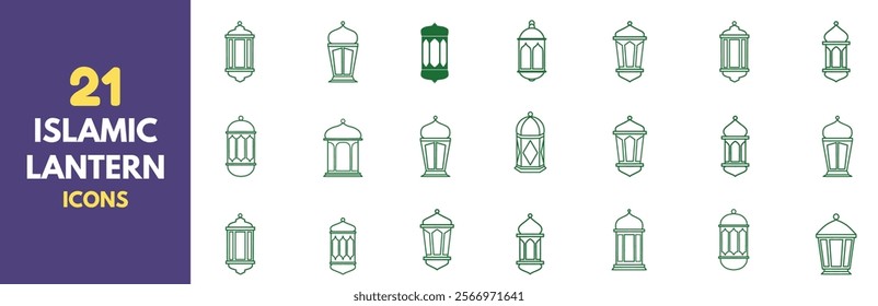 Set of Islamic lantern icons. Vector silhouettes in green and white. Perfect for Ramadan and Eid designs. 