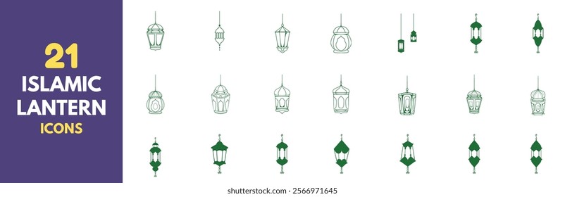 Set of Islamic lantern icons. Vector silhouettes in green and white. Perfect for Ramadan and Eid designs. 