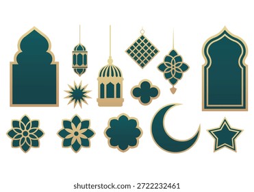 Set of Islamic lantern and ornament illustrations with floral moon star shapes and arches