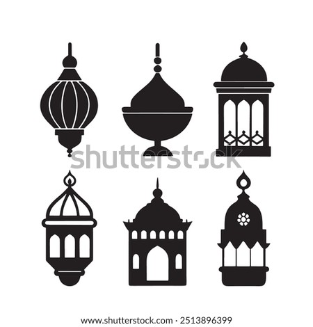Set of Islamic Lantern Silhouette Illustration, Lantern icon. Decorative for festival, birthday, wedding. Vector illustration. Ornament Islamic Ramadan Lantern Symbol.