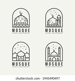 set of islamic mosque architecture minimalist line art badge logo template vector illustration design. simple modern ramadan kareem, celebration, religious bundle emblem logo concept