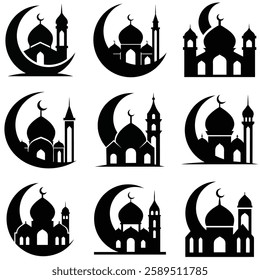 Set of Islamic Mosque Silhouettes with Crescent Moons