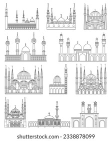Conjunto de mezquitas islámicas. Contorno edificios. Ilustración vectorial. Símbolos religiosos.