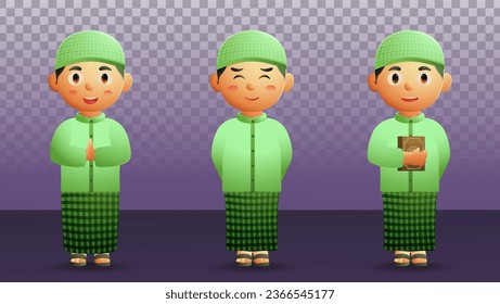 Set Islamic Muslim Boy Cut characters with various Cute Expressions Premium Vector