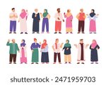 Set of islamic muslim people set collection, Set of arabic man and woman in hijab vector flat illustration with traditional outfit, diverse cartoon islam character cartoon vector illustration.