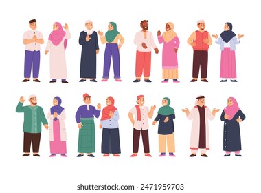 Set of islamic muslim people set collection, Set of arabic man and woman in hijab vector flat illustration with traditional outfit, diverse cartoon islam character cartoon vector illustration.