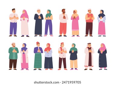 Set of islamic muslim people set collection, Set of arabic man and woman in hijab vector flat illustration with traditional outfit, diverse cartoon islam character cartoon vector illustration.