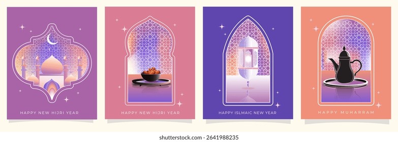 Set of Islamic New Year cards with mosque, dates, lantern, and coffee pot, framed in geometric arches. Ideal for Hijri New Year or Muharram greetings and festive messages.