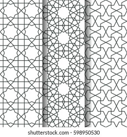 Set of Islamic oriental geometry seamless vector pattern Muslim line art. Decorative backdrop for fabric, textile, wrapping paper, card, invitation, wallpaper, web design, coloring pages