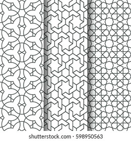 Set of Islamic oriental geometry seamless vector pattern Muslim line art. Decorative backdrop for fabric, textile, wrapping paper, card, invitation, wallpaper, web design, coloring pages