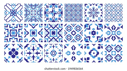 Set islamic oriental ornamental floral geometric arabesque pattern tiles. Blue arabic motif tiles on white background vector illustration