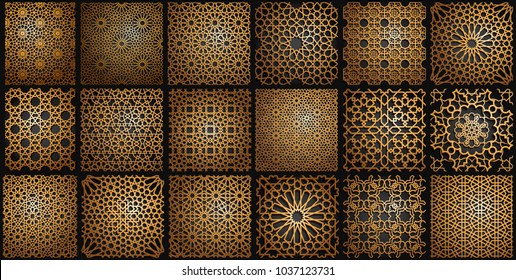 Set of islamic oriental patterns, Seamless arabic geometric ornament collection. Vector traditional muslim background. east culture, indian heritage, arabesque, persian motif, 3D. Ramadan kareem. Gold