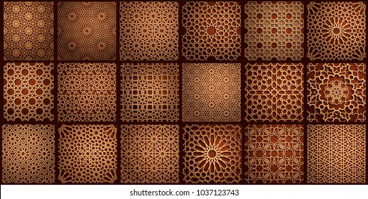 Set Of Islamic Oriental Patterns, Seamless Arabic Geometric Ornament Collection. Vector Traditional Muslim Background. East Culture, Indian Heritage, Arabesque, Persian Motif,3D Ramadan Kareem. Timber