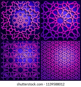 Set of islamic oriental patterns, Seamless arabic geometric ornament collection Vector traditional muslim background. east culture, indian heritage, arabesque, persian motif 3D. Ramadan kareem. Violet