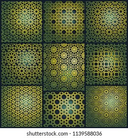 Set of islamic oriental patterns, Seamless arabic geometric ornament collection Vector traditional muslim background. east culture, indian heritage, arabesque, persian motif 3D. Ramadan kareem. yellow