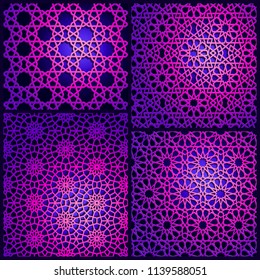 Set of islamic oriental patterns, Seamless arabic geometric ornament collection Vector traditional muslim background. east culture, indian heritage, arabesque, persian motif 3D. Ramadan kareem. Violet