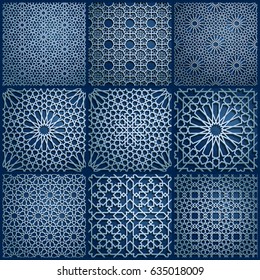 Set of islamic oriental patterns , Seamless arabic geometric pattern. Vector traditional muslim background. east culture, indian heritage, arabesque, persian motif, 3D. Ramadan kareem. Endless texture