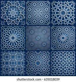 Set of islamic oriental patterns , Seamless arabic geometric pattern. Vector traditional muslim background. east culture, indian heritage, arabesque, persian motif, 3D. Ramadan kareem. Endless texture