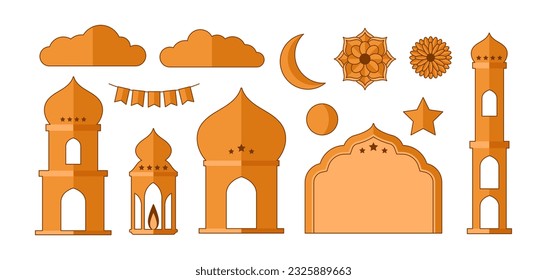 Set of islamic ornamental element. Arabic architecture, mosque, objects.