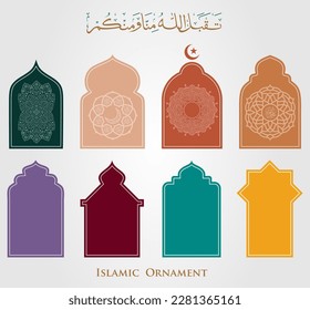 Set of islamic ornamental window. Arabic traditional architecture. Template for design. arabic text mean: "May God accept good deeds from you and us"