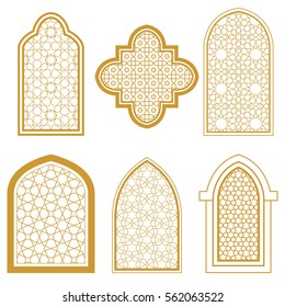 Set Of Islamic Ornamental Window. Arabic Traditional Architecture. Template For Design