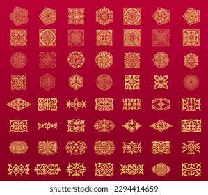 Set of islamic ornaments in vector, on red background in vector. Circular ornamental arabic symbols. Abstract Asian elements of the national pattern of the ancient nomads of the Kazakhs, Tatars