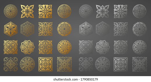 Satz islamischer Ornamente in Vektorgrafik, persischer Motiff. 3D-rassische, islamische Rundmuster-Elemente. Geometrisches Logo-Template-Set. Zirkuläre arabische Ziersymbole. Nationales Muster der Kasachstan, Kirgisistan
