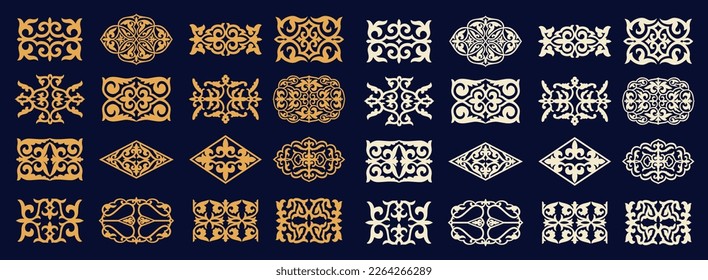 Set of islamic ornaments in vector, persian motiff. 3d ramadan islamic round pattern elements. Geometric logo template set. Circular ornamental arabic symbols. National pattern of the Kazakhs, Kyrgyz