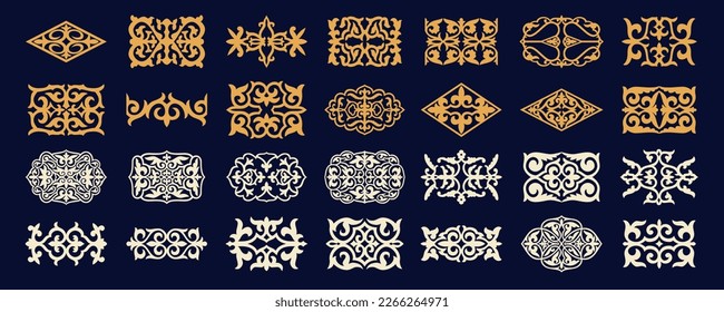 Set of islamic ornaments in vector, persian motiff. 3d ramadan islamic round pattern elements. Geometric logo template set. Circular ornamental arabic symbols. National pattern of the Kazakhs, Kyrgyz