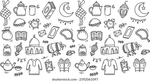 Set of islamic outline icons. Ramadan doodle. Vector illustration