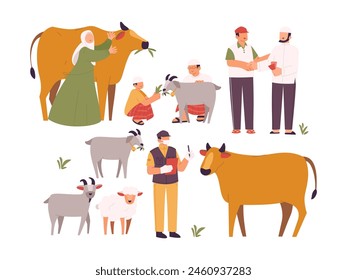 Set of Islamic People Prepare Qurban Animals for Sacrifice on Eid Al Adha Events Flat Illustration