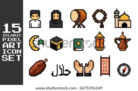Set of Islamic pixel art icons including mosque, Quran, Kaaba, crescent moon, lantern, halal symbol, prayer, tasbih, drum, and traditional items.
