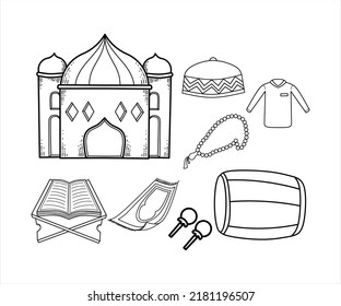 Set of Islamic Prayer Equipment Black and White Drawing 