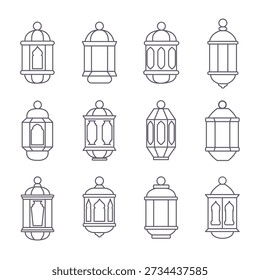 Set of Islamic Ramadan lantern icons in outline vector style. Minimal line fanous lantern collection with consistent stroke, isolated on black background. Suitable for Ramadan design, Islamic holidays, icons, UI, patterns, and decorative elements.