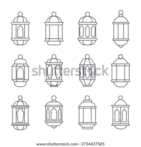 Set of Islamic Ramadan lantern icons in outline vector style. Minimal line fanous lantern collection with consistent stroke, isolated on black background. Suitable for Ramadan design, Islamic holidays, icons, UI, patterns, and decorative elements.